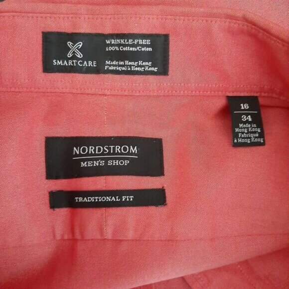 NORDSTROM 100% Cotton Traditional Fit Button Down Shirt Pink Men's Sz 16 / 34 - Picture 9 of 11